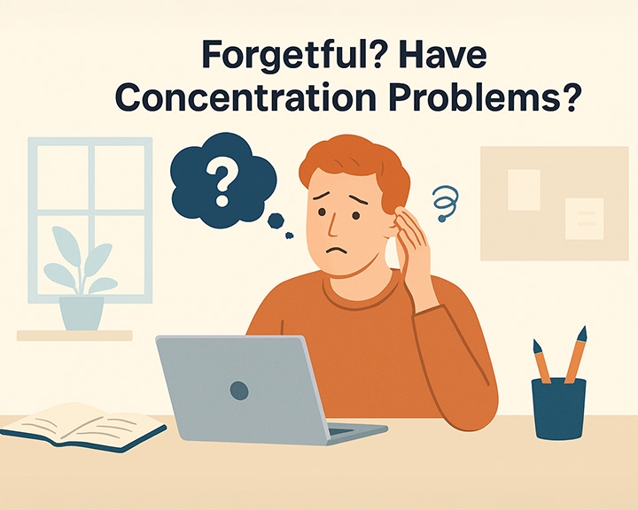 Abstract of forgetful person with the words "Forgetful? Have Concentration Problems?"
